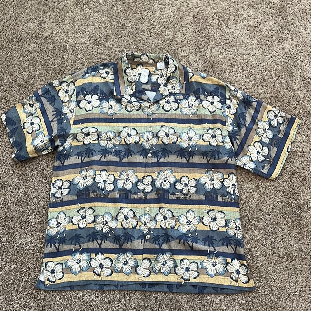 Burma Bibas Silk Hawaiian Shirt - Floral Hibiscus Palm Trees Men’s L